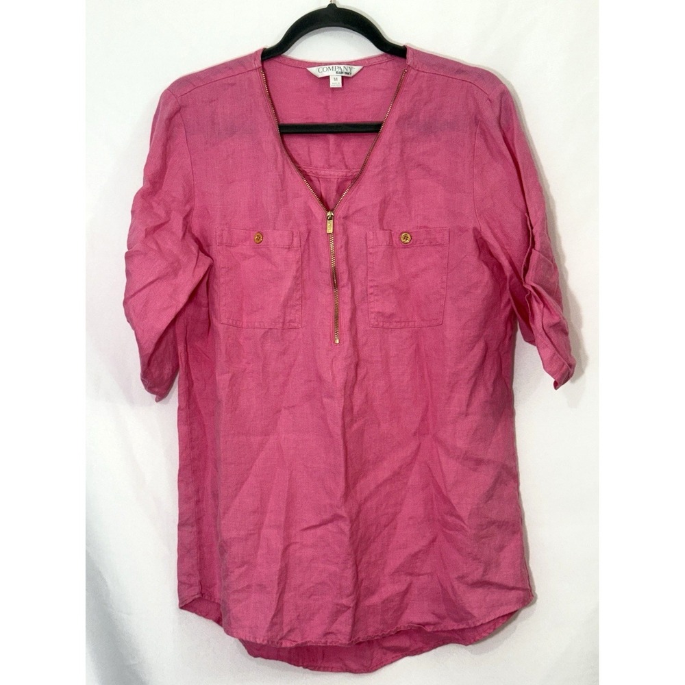 Ellen Tracy Company Pink 100% Linen V‎ Neck Zip Front Top Blouse Womens Size M